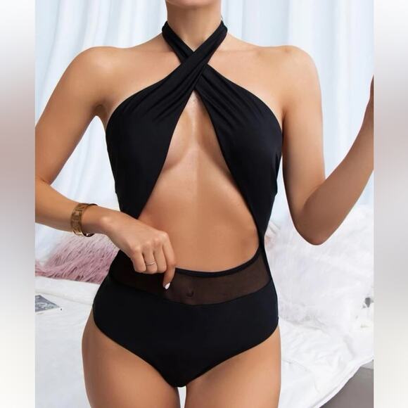 SHEIN mesh trim halter swimsuit size large NWT - Picture 1 of 5